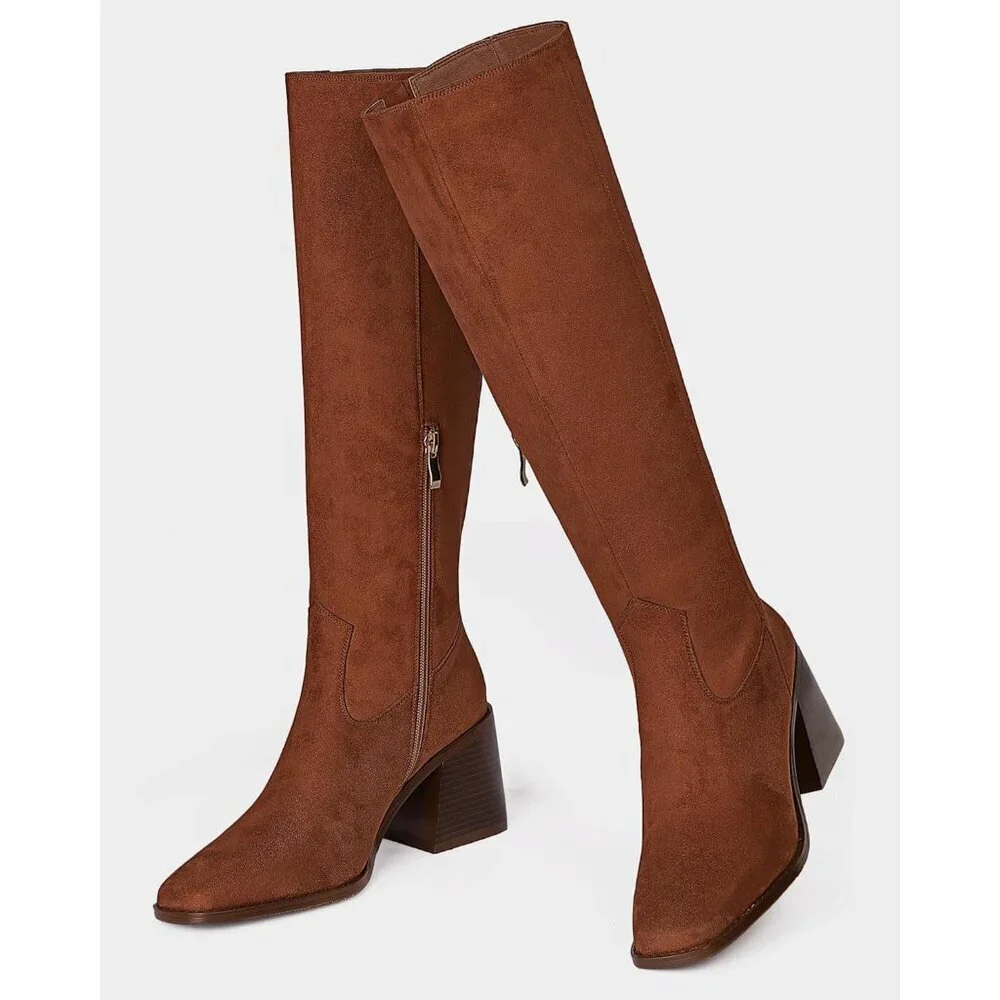 Women Brown-suede Polyurethane Knee High Square Toe Zipper Block Heel Tall Boots